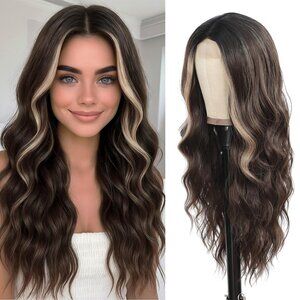 New HMHIFI Long Brown Wig * 26Inch * Wavy Curly Brown / Highlight Blonde Hair